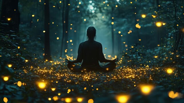 Silhouette of woman meditating in magical forest.