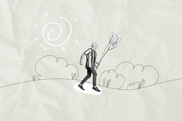 Composite photo collage of happy old man run field doodle carry flowers bouquet woman day...