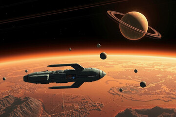 Spaceship in a planetary orbit of a red planet, from the area of SiFi and fantasy