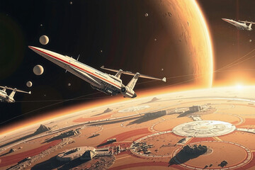 Spaceship in a planetary orbit of a red planet, from the area of SiFi and fantasy