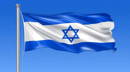 Flag of Israel, a white banner charged with a blue hexagram Star of David, waving in the wind