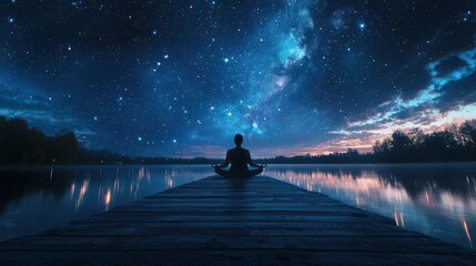 Peaceful night sky scene with a person meditating under stars, merging cosmic calm with insomnia relief