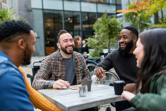 A cheerful group of friends from diverse backgrounds sharing laughter and coffee at an outdoor cafe. The setting is casual and inviting, fostering a warm and friendly atmosphere.