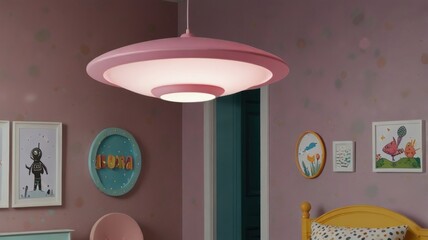 Pink modern ceiling lamp in a child's bedroom.