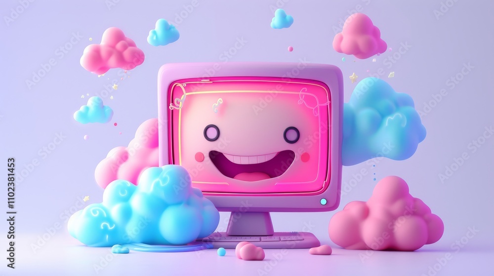 Poster a bright 3d illustration featuring a smiling computer display with floating pastel clouds. the soft 