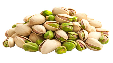 A vibrant pile of shelled and unshelled pistachios showcases their rich green and beige hues, perfect for snacking or culinary uses. PNG on a transparent background.