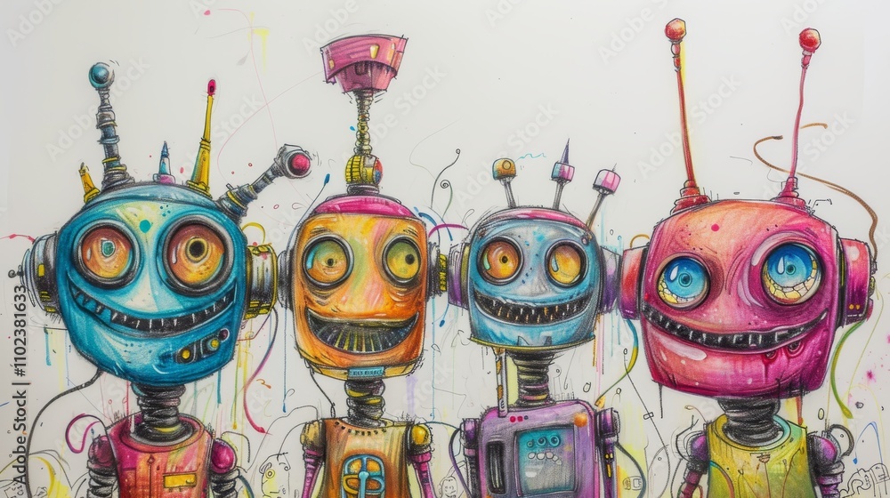Poster four vividly colored robots with cheerful expressions, standing in a group. their fun and quirky des