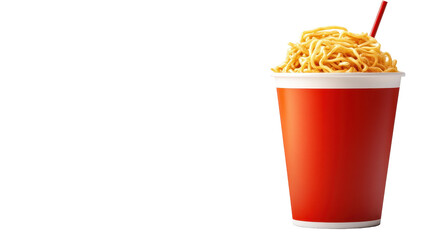 Delicious noodles in a vibrant red cup. transparent background