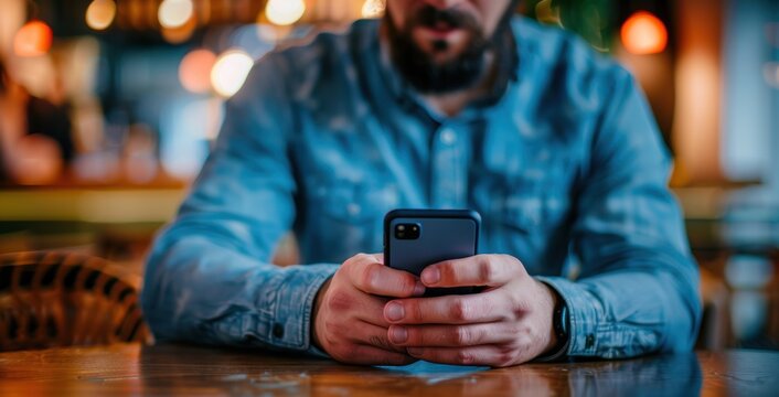 Bearded man seated at a table, absorbed in his smartphone, with warm natural light and a cozy indoor setting