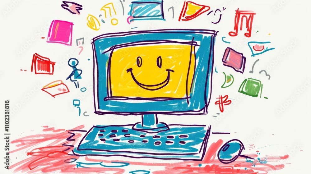 Poster a playful digital illustration of a computer with a smiling face, surrounded by colorful floating ic
