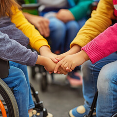 Close-up of children with diverse backgrounds holding hands, emphasizing friendship and unity. Their joined hands express connection and support, highlighting themes of acceptance and togetherness acr