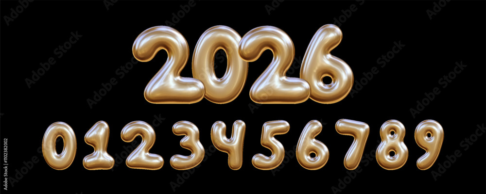 Poster Set of golden liquid numbers from zero to nine. 3D inflated numbers with reflective texture.