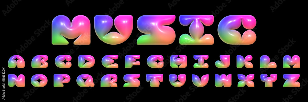 Poster 3d inflated alphabet in bright rainbow colors. 3d rendering of plump letters, plastic glossy reflect