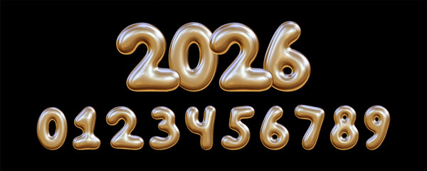 Set of golden liquid numbers from zero to nine. 3D inflated numbers with reflective texture.