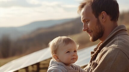 Father Shows Son Solar Panels, Sustainable Energy, Renewable Energy Source, Family on Sunny Day.