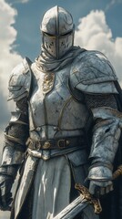 Fototapeta premium Medieval knight in full armor standing proudly against a cloudy sky