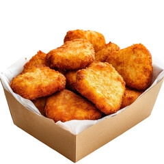 Crispy golden chicken nuggets in a box. transparent background