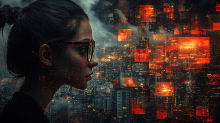 Cityscape silhouette with bright digital graphics creating a surreal atmosphere at dusk. Generative AI