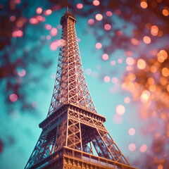 Vibrant View of the Eiffel Tower in Paris with Bokeh Lights