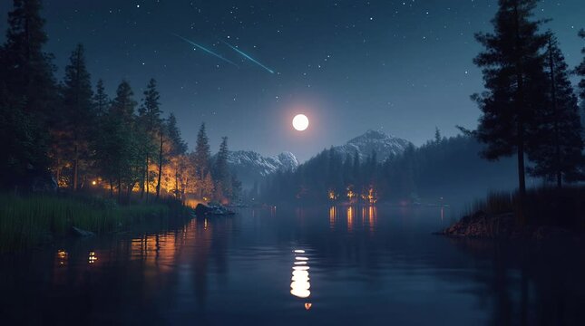 Serene lake with lush forest under glowing full moon in tranquil night atmosphere
Seamless looping 4k time-lapse virtual video animation Generated AI