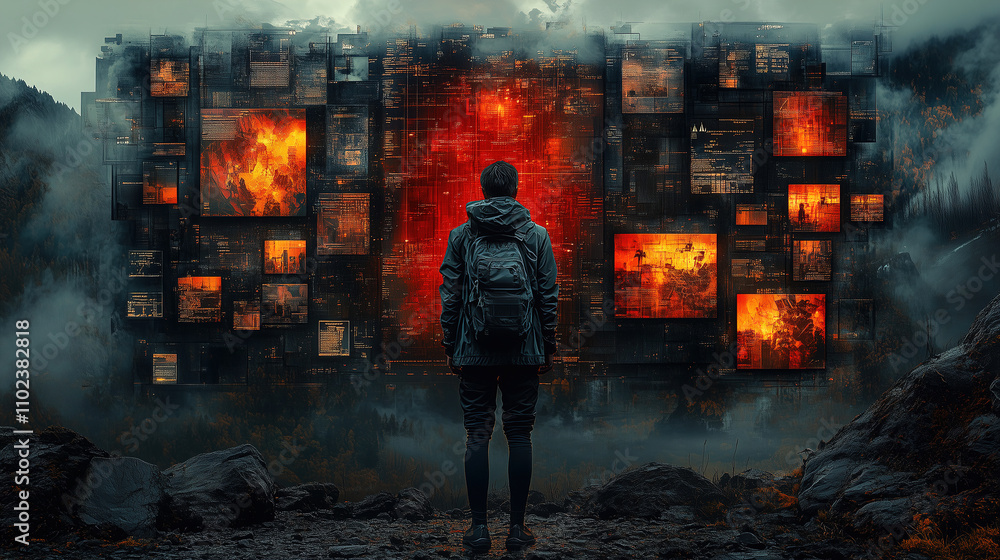 Aufkleber exploring a futuristic landscape with screens displaying fiery images against a misty mountain backd