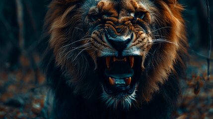 Dark, enraged lion preparing to attack.