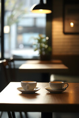 Fototapeta premium Cozy Minimalist Coffee Shop Ambiance with Wooden Table and Soft Lighting