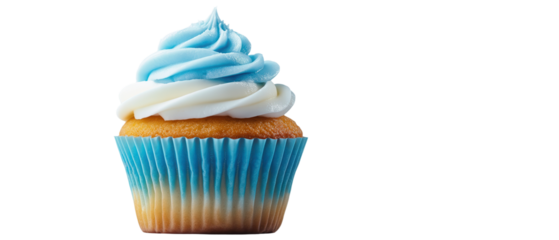 Delicious cupcake with blue frosting decoration. transparent background