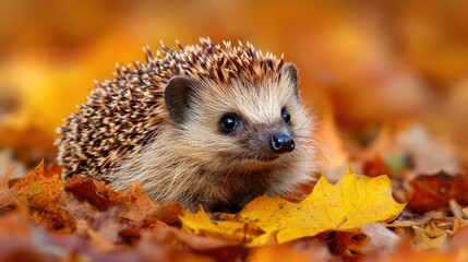 Fototapeta premium Close-Up of Adorable Hedgehog Nestled in Vibrant Autumn Leaves with Warm Colors