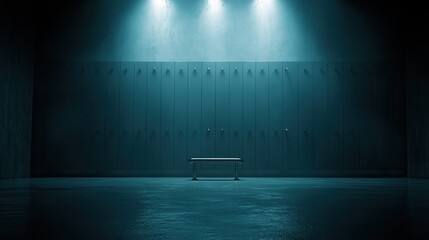 Empty dark locker room with a bench, illuminated by spotlights.