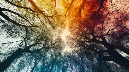 Breathtaking view of trees from below with vibrant autumn colors in the background, copy space
