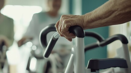 Elderly patient using a hand bike trainer during rehabilitation with medical support, showcasing interaction, adaptive equipment, and focus on mobility in a clinical therapy setting.