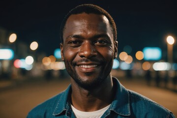 Obraz premium Close portrait of a smiling 40s Angolan man looking at the camera, Angolan city outdoors at night blurred background