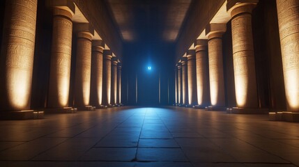 Mysterious, dimly lit ancient hall with columns and stone floor.