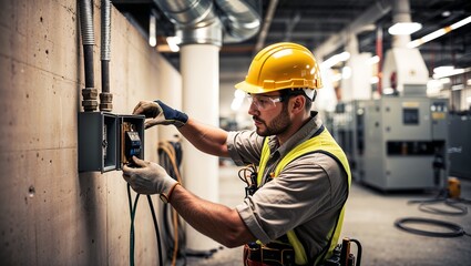 An electrician skillfully working on industrial electrical controls.