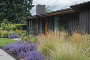 A mid-century modern home in Lake Oswego features shou sugi ban siding with large windows, complemented by purple and yellow ornamental grasses and lavender plants. The landscaping design.