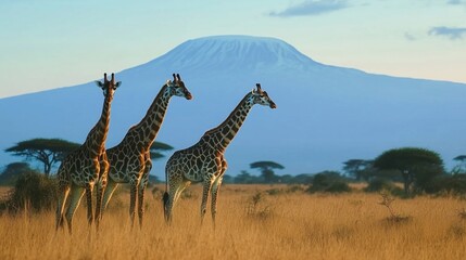 Fototapeta na wymiar Picturesque african landscape with three giraffes standing in the savannah at sunset, with mount kilimanjaro in the background