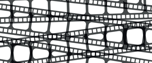Film Strip Background - Several Black Tapes Superimposed on a White Background.