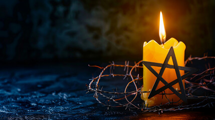 Star of David, barbed wire, and a burning candle against a dark background with space for text. International Holocaust Remembrance Day.
