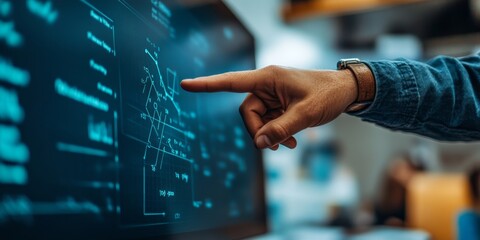 A close-up of a teacher's hand pointing at a math equation displayed on a digital screen in a minimalistic setting
