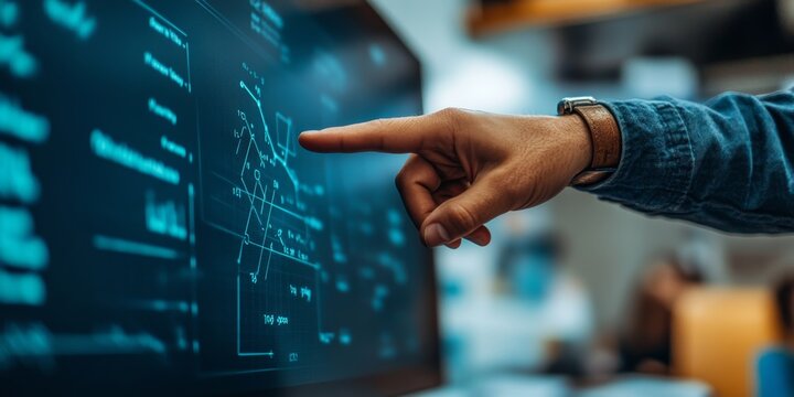 A close-up of a teacher's hand pointing at a math equation displayed on a digital screen in a minimalistic setting