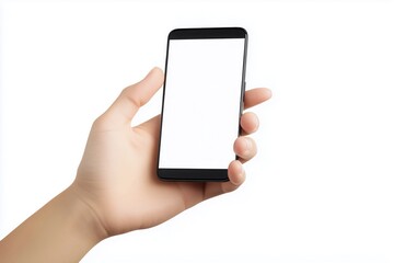 Hand holding a sleek black smartphone with a blank white screen, perfect for showcasing mobile apps or websites, symbolizing technology and communication