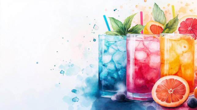 A vibrant Dry January banner featuring colorful mocktails with ice, garnished with fruits and mint leaves against a soft watercolor background