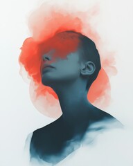 Surreal portrait of woman with abstract red smoke covering eyes, modern art concept of hidden emotions and identity in minimalist style