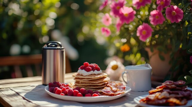 Delicious breakfast spread with pancakes and berries on a sunny table outside. Perfect for a relaxing morning. - Powered by Adobe