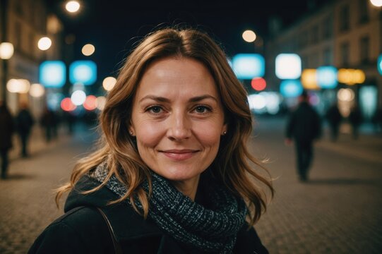 Close portrait of a smiling 40s Belarusian woman looking at the camera, Belarusian city outdoors at night blurred background