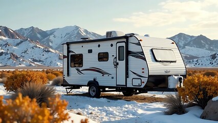 Winter. Travel trailer parked in the desert in winter or outdoors during winter season.
