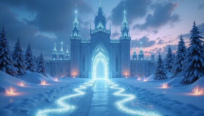 Obraz premium Majestic ice palace with intricate frosty details illuminated by glowing path