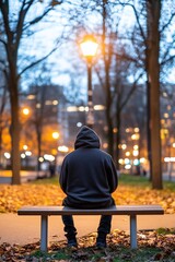 Person sitting alone on a park bench at dusk, city lights blurred in the background.