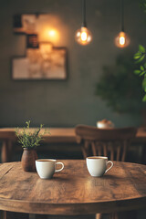 Fototapeta premium Cozy Minimalist Coffee Shop Ambiance with Wooden Table and Soft Lighting